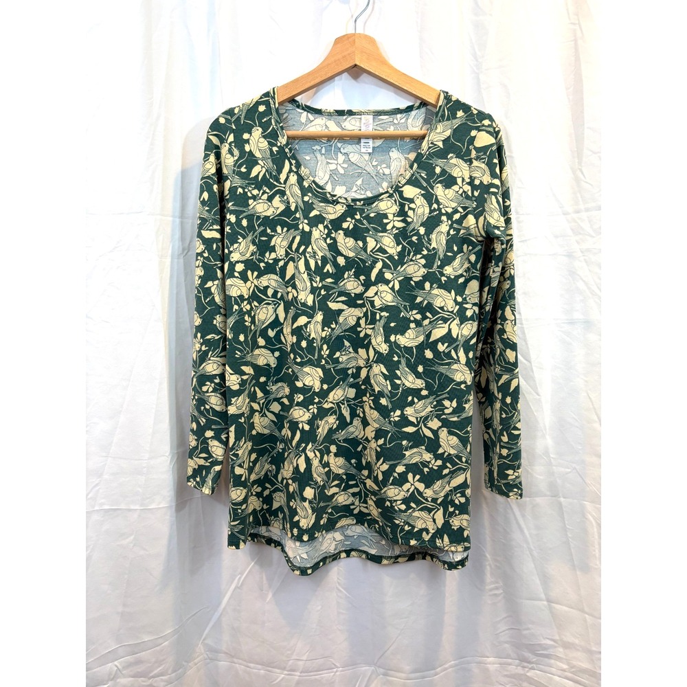 LuLaRoe Women's 3/4‎ Sleeve Bird Tee Top, Green & Cream, Stretch, Size XS